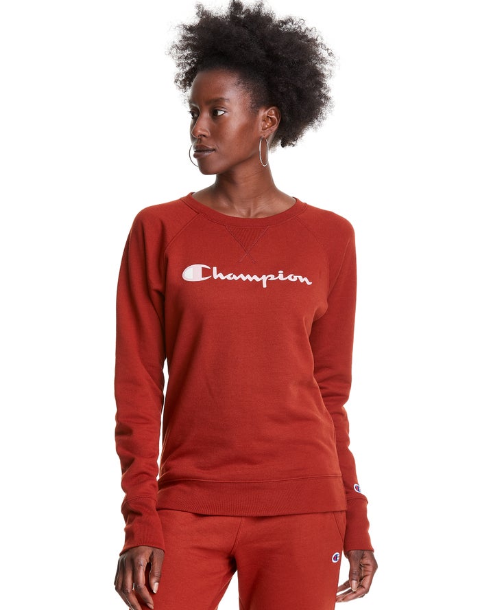 Champion Womens Sweatshirt NZ - Powerblend Fleece Classic Crew Script Logo Brown ( 7892-CDGZU )